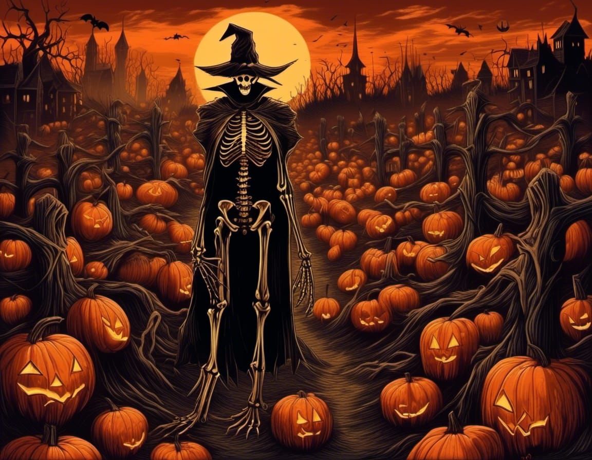 Towering Scarecrow Jack-o'-Lantern in Surreal Gothic Style