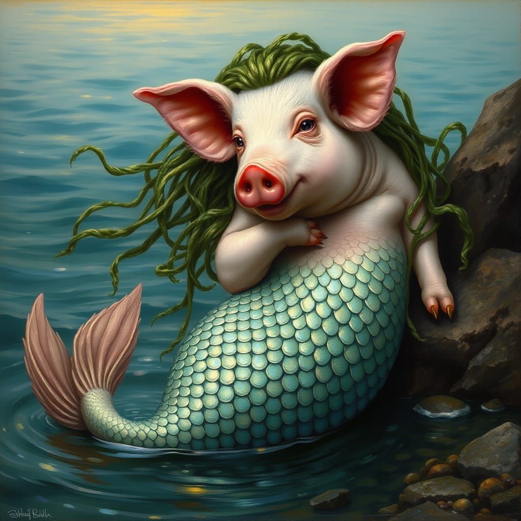 Pig Mermaid with Iridescent Scales in Pre-Raphaelite Style