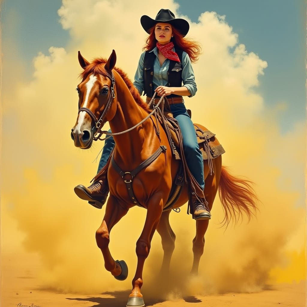 Fierce Woman on Horse in Retro Oil Painting