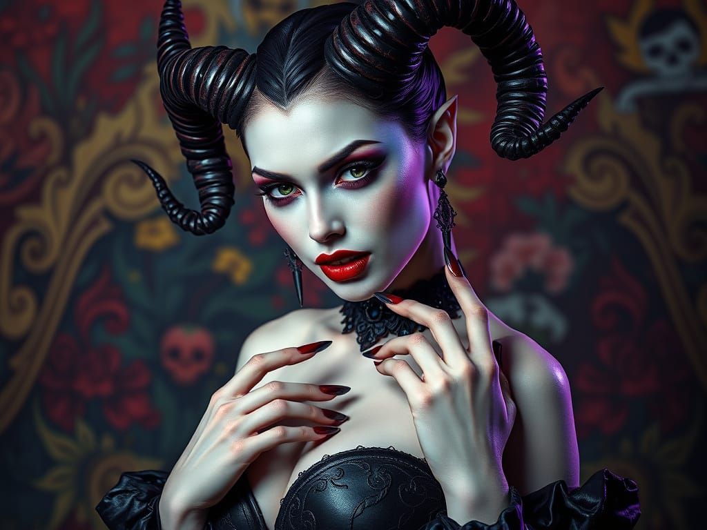 Seductive Vampiress with Horns in Hyperrealistic Style