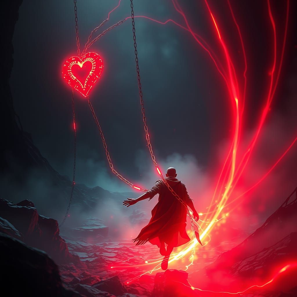 Ethereal Heart Tethered by Light Streams in Fantasy Landscap...