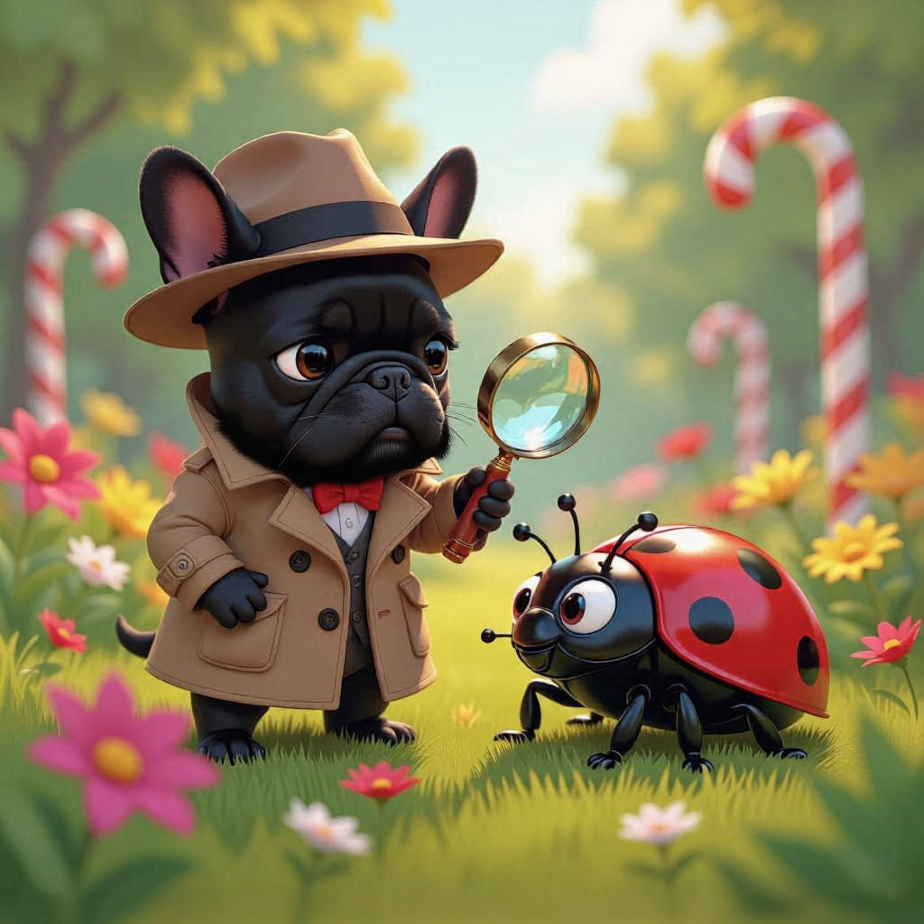 Detective Bulldog Investigates Giant Ladybug in Whimsical Ga...