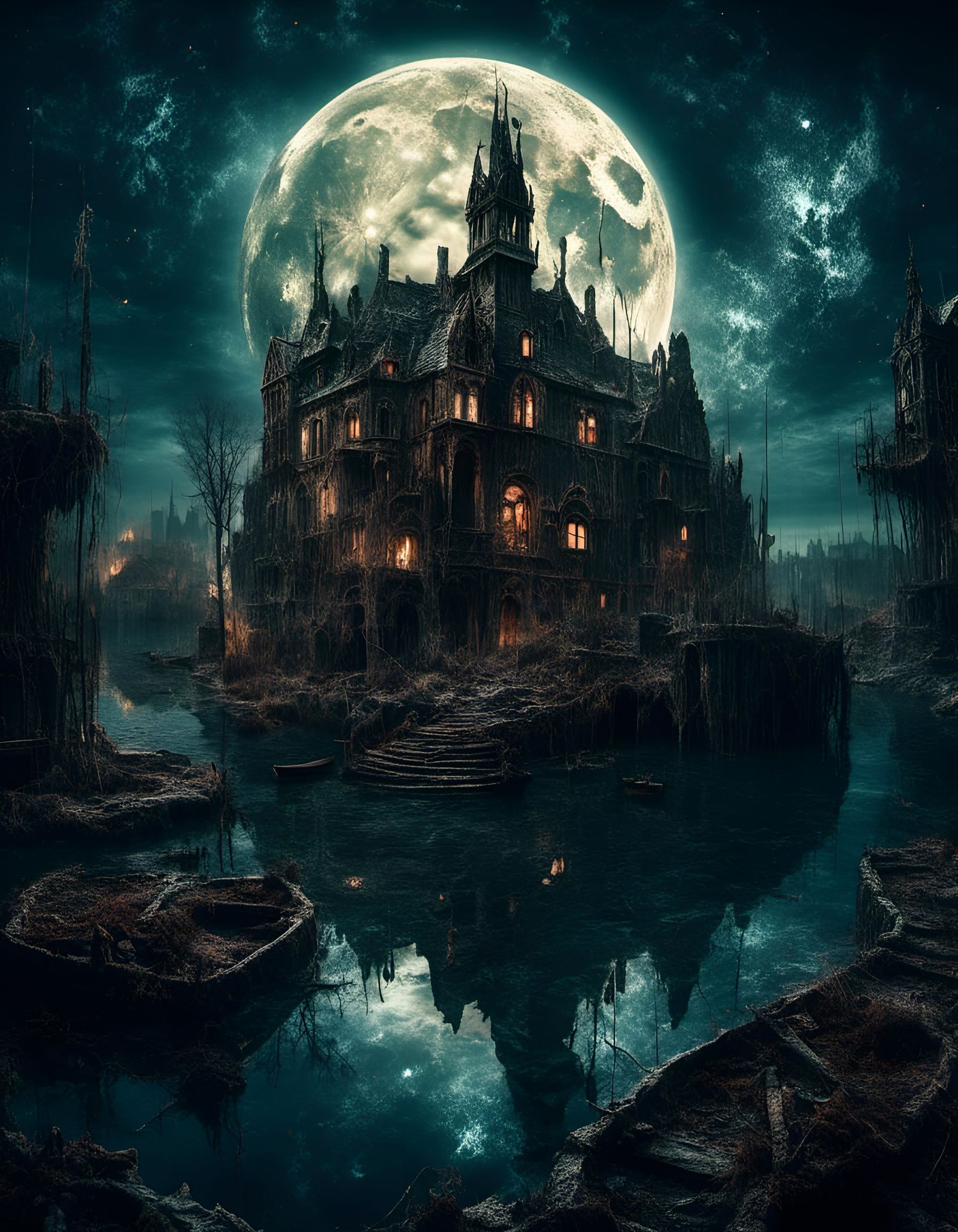 Macabre Clock Town Under Indigo Sky