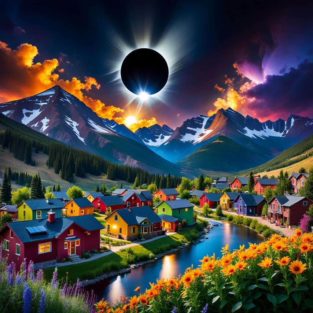 Solar Eclipse over Colorado Town in Luminous Style