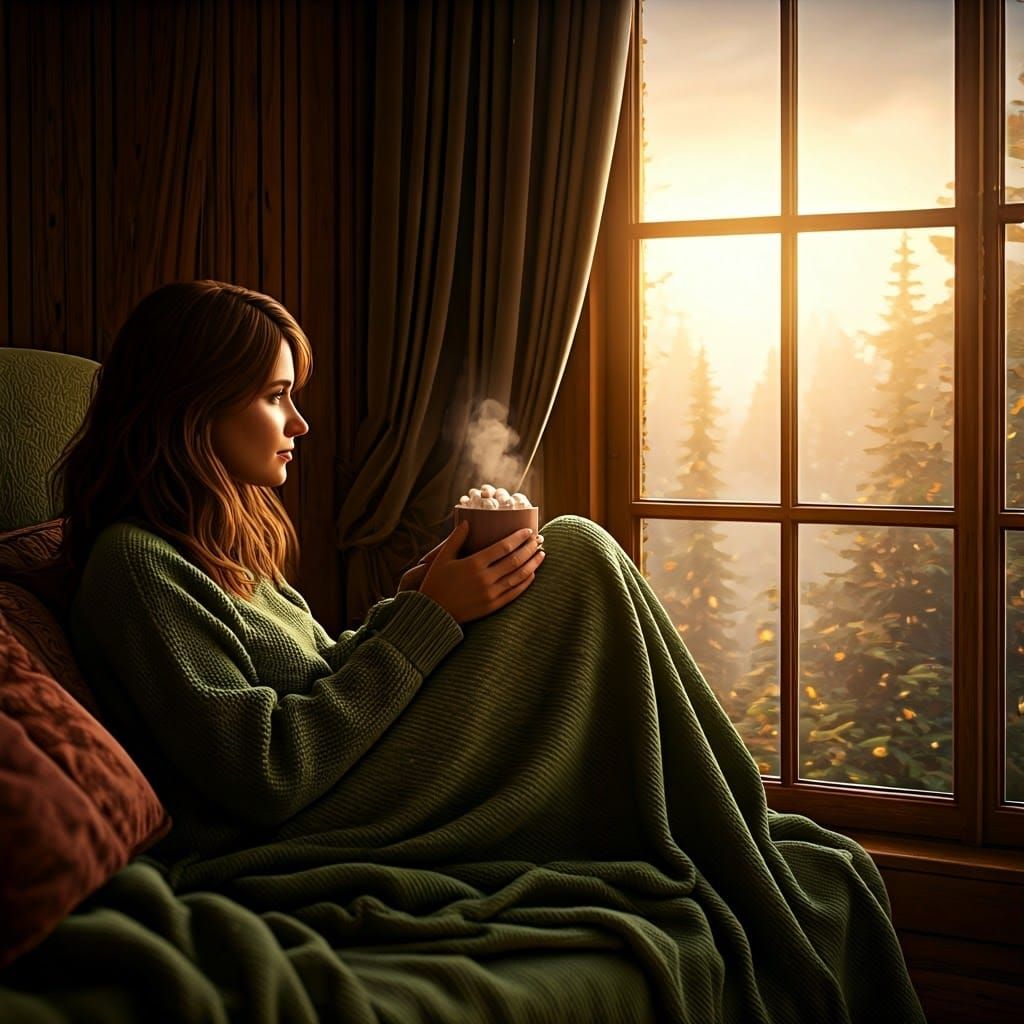 Woman in Armchair Gazing at Dreamlike Landscape
