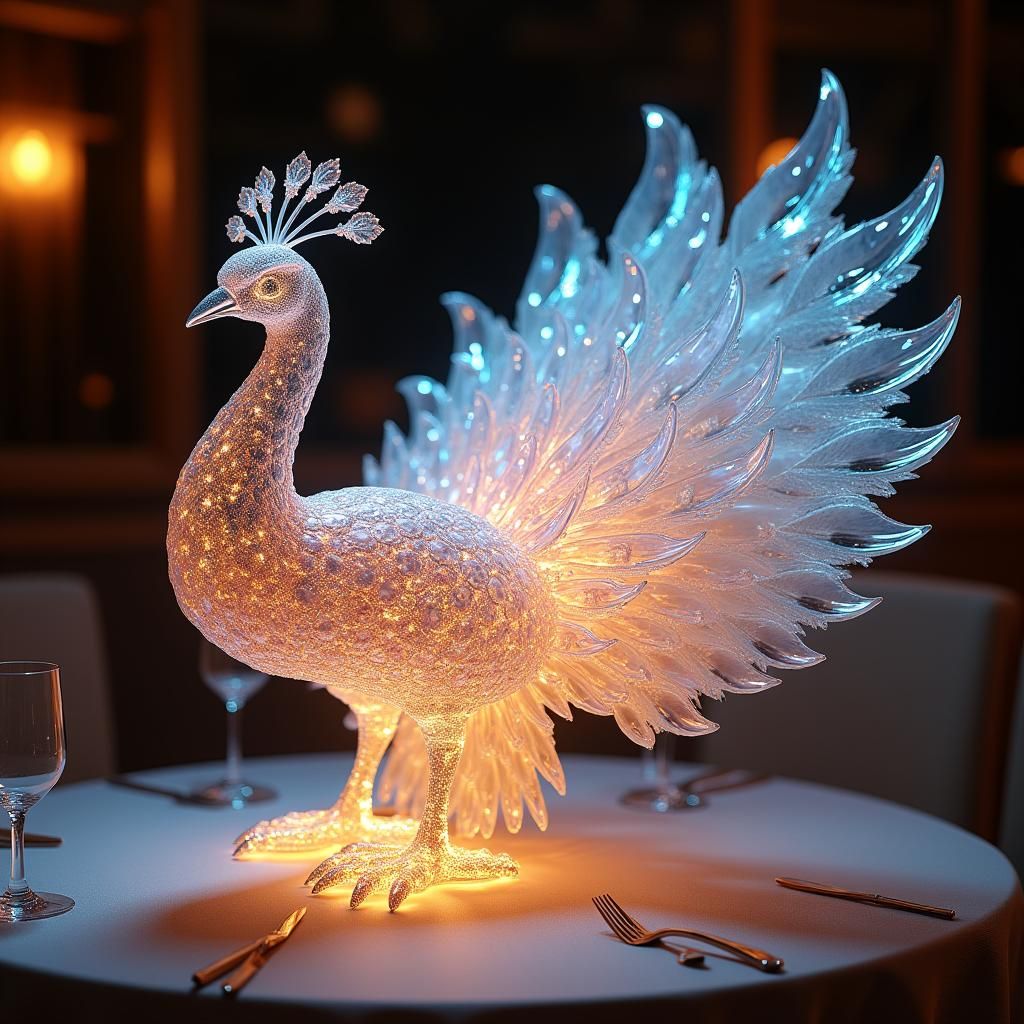 Iridescent Crystal Peacock in Restaurant, Digital Art