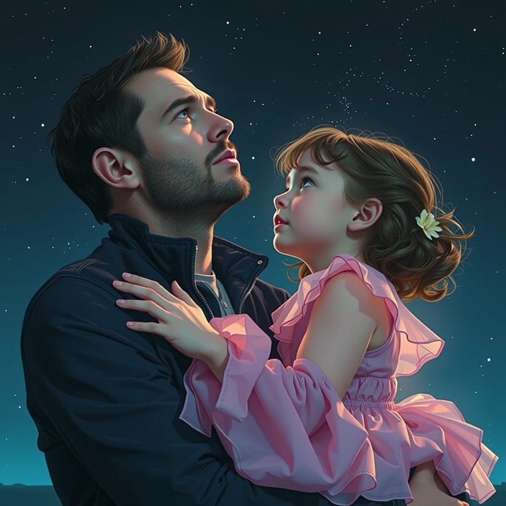 A Young Girl and a Haunted Man Under Starry Night Sky
