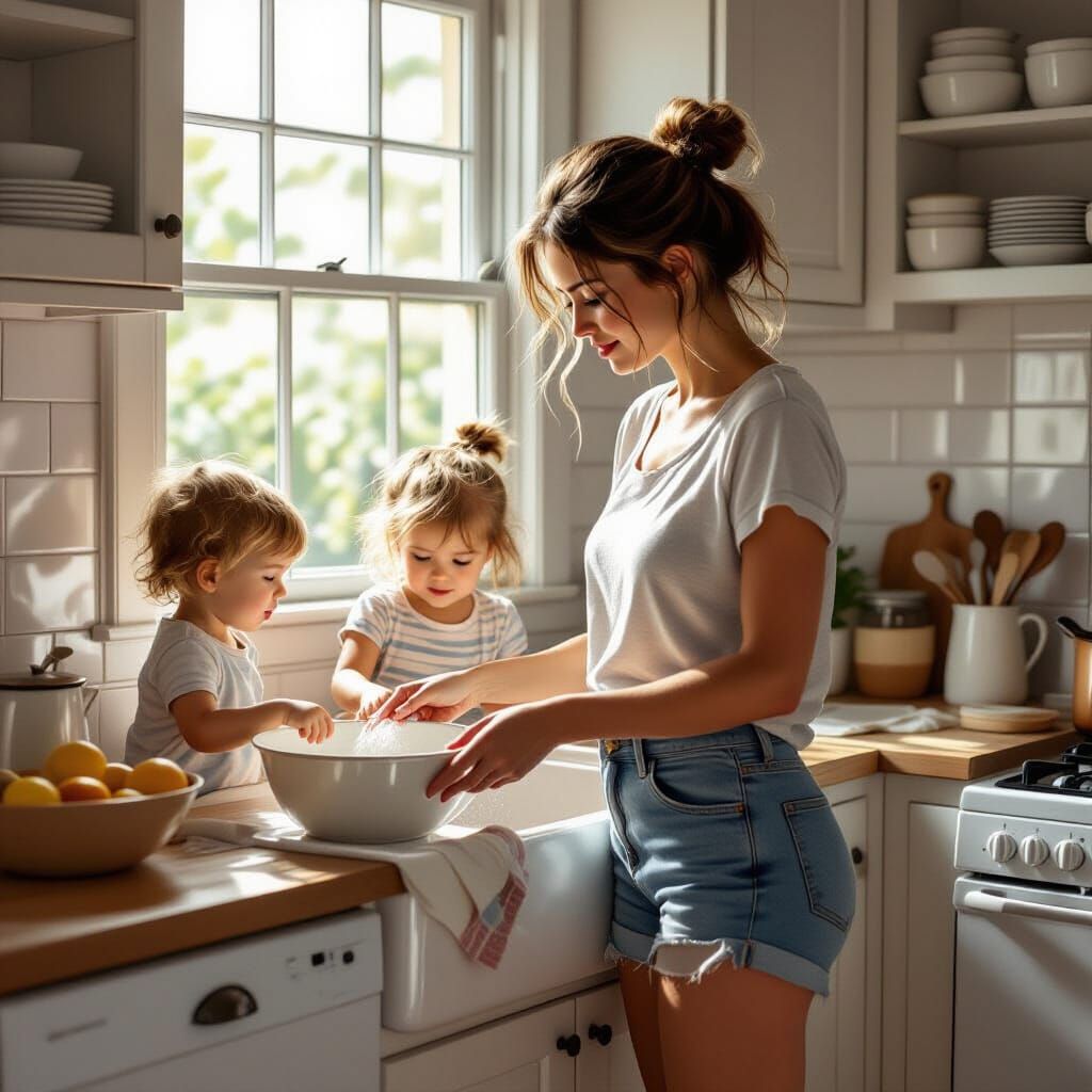Tired Woman in White Kitchen with Children
