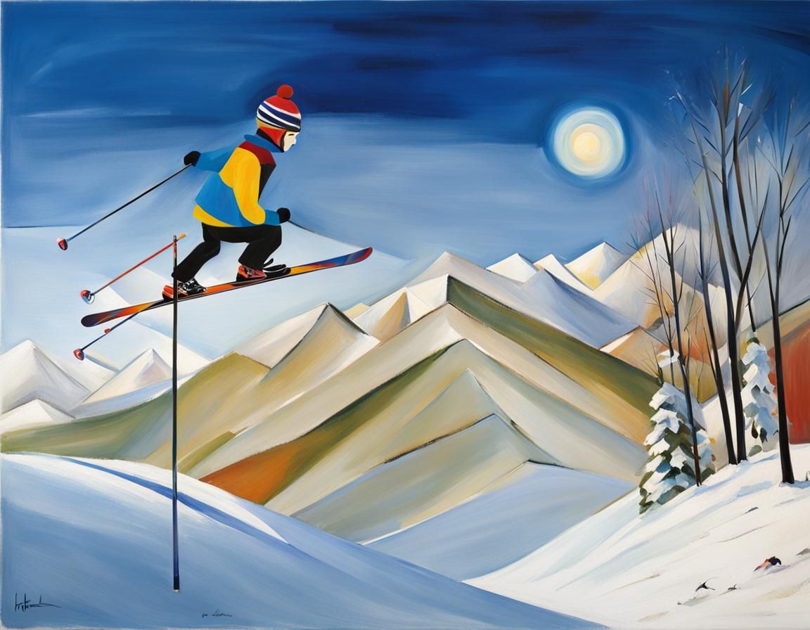 Skier in Picasso-esque Harlequin Style