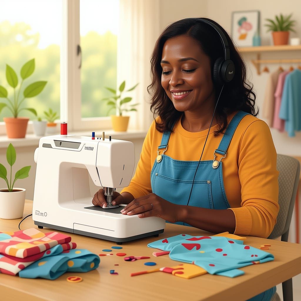 Modern Vector Art of Woman Sewing at Home