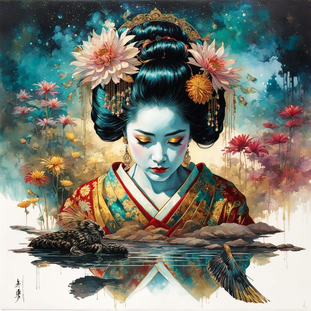 Exquisite Geisha in Vibrant Kimono, Golden Motifs, and Celes...