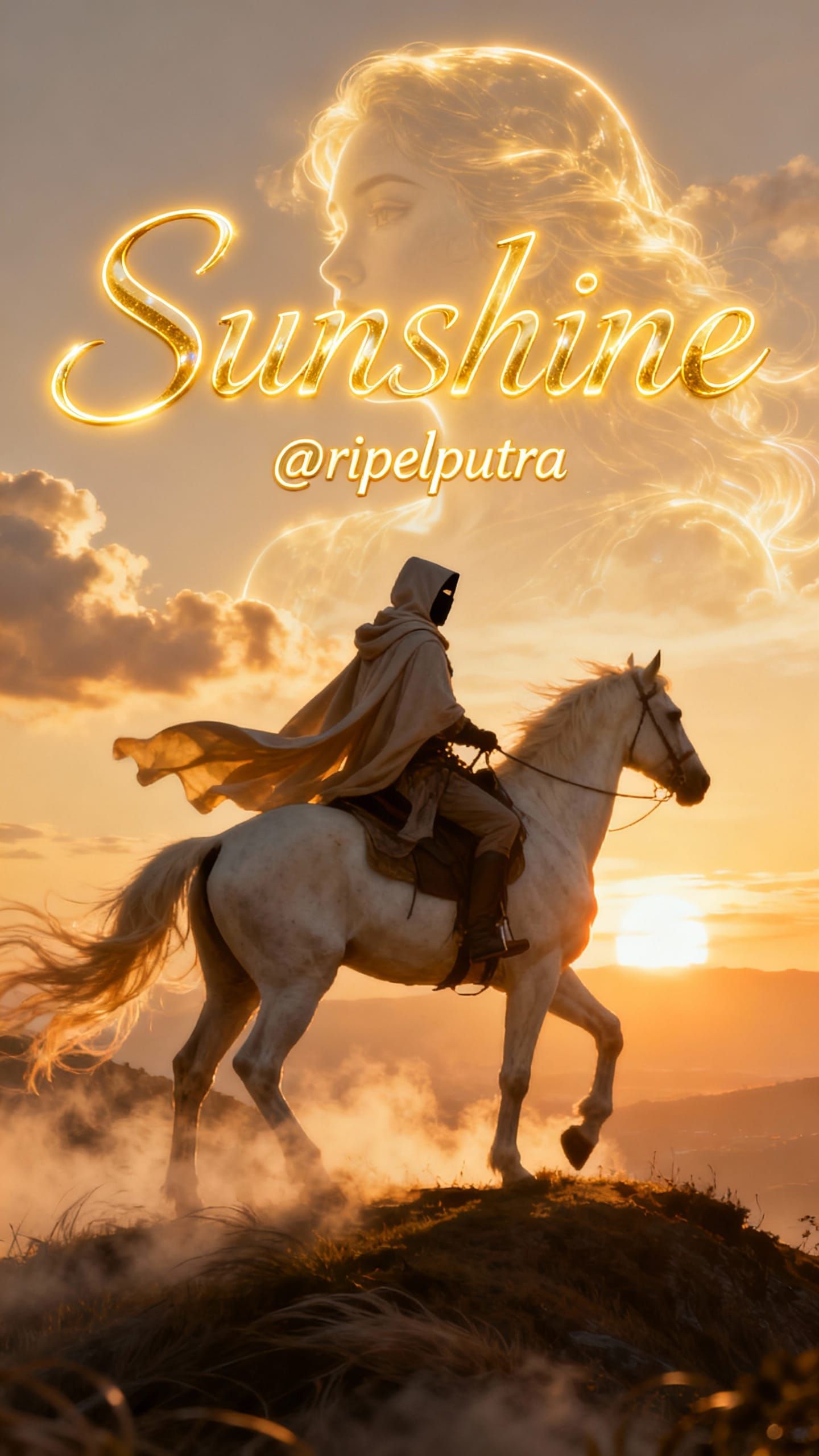 Mysterious Rider at Sunrise with Ethereal Mist and Golden Li...