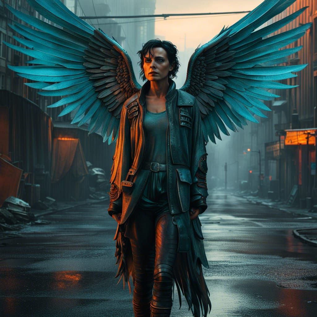 Angel on Post-Apocalyptic Street in Hyperrealism Style