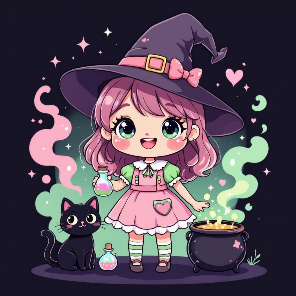 Kawaii Chibi Witch Girl in Pastel Colors