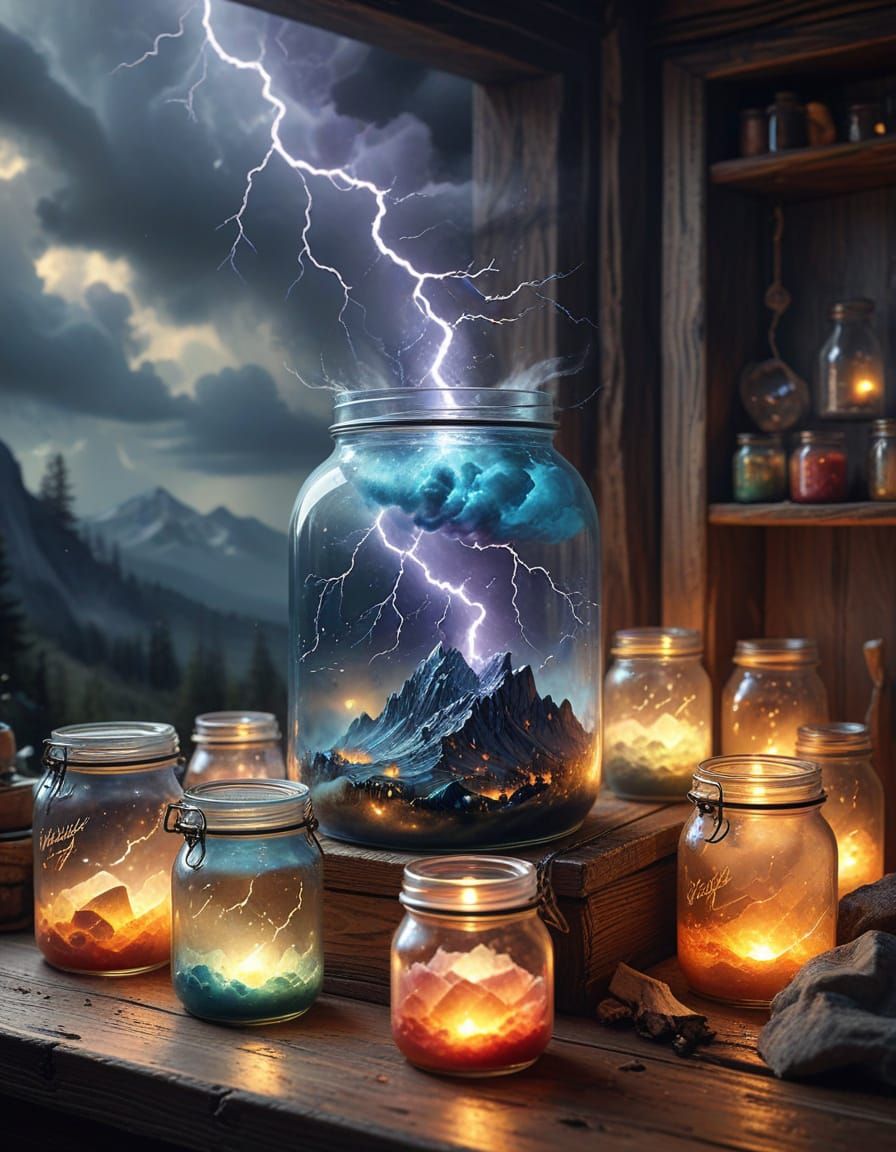 Whimsical Fantasy Art of a Thunderstorm in a Vintage Jar