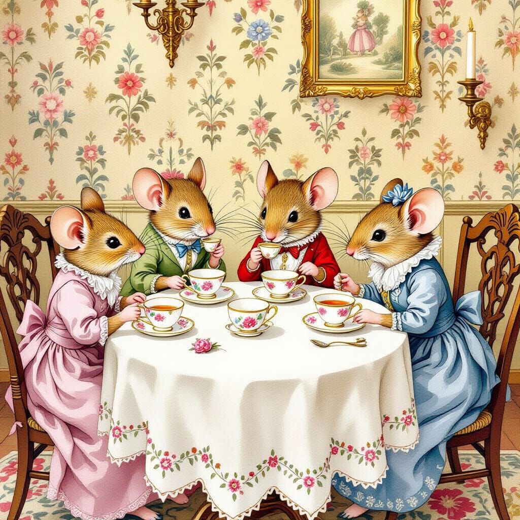 Whimsical Mice Tea Party in Beatrix Potter Style
