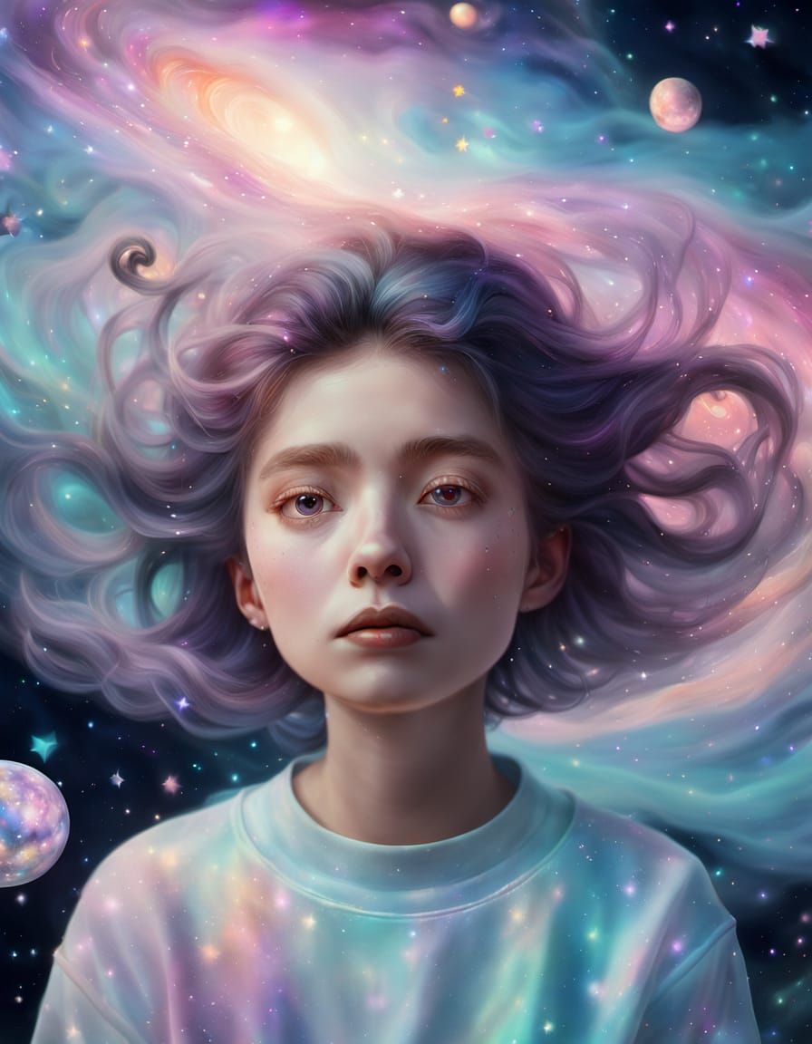 Ethereal Figure Floating in Cosmic Oil Painting