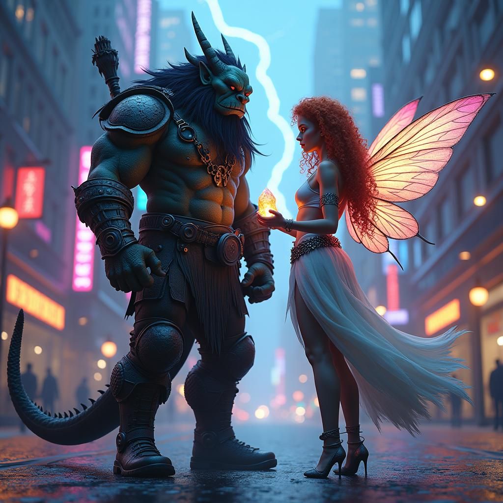 Troll Hunter and Fairy in Neon Cityscape
