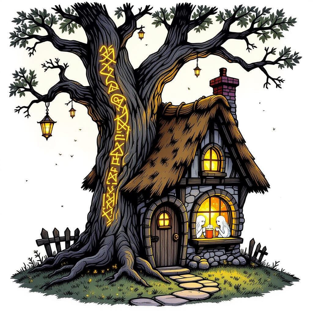 Ancient Rune Tree Cottage with Fireflies in Arthur Rackham S...