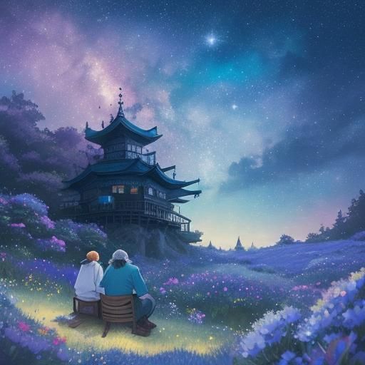 Gandalf and Totoro Watching Stars, Anime Illustration
