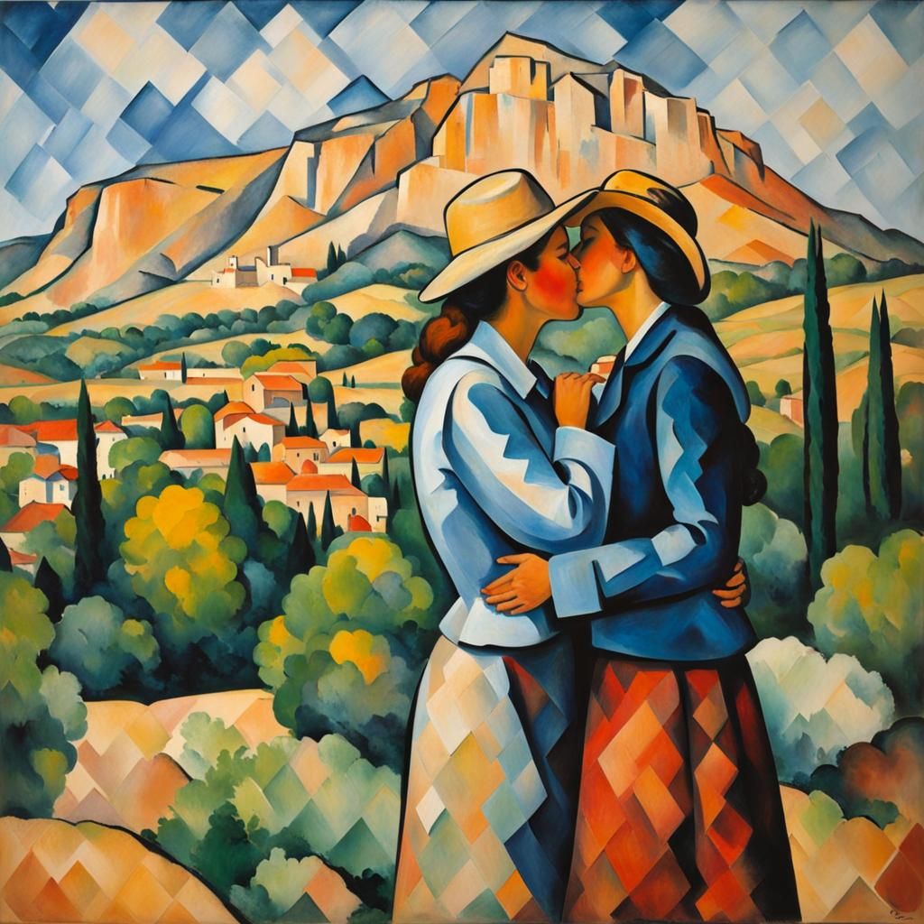 Two Women Kissing in Post-Impressionist Style