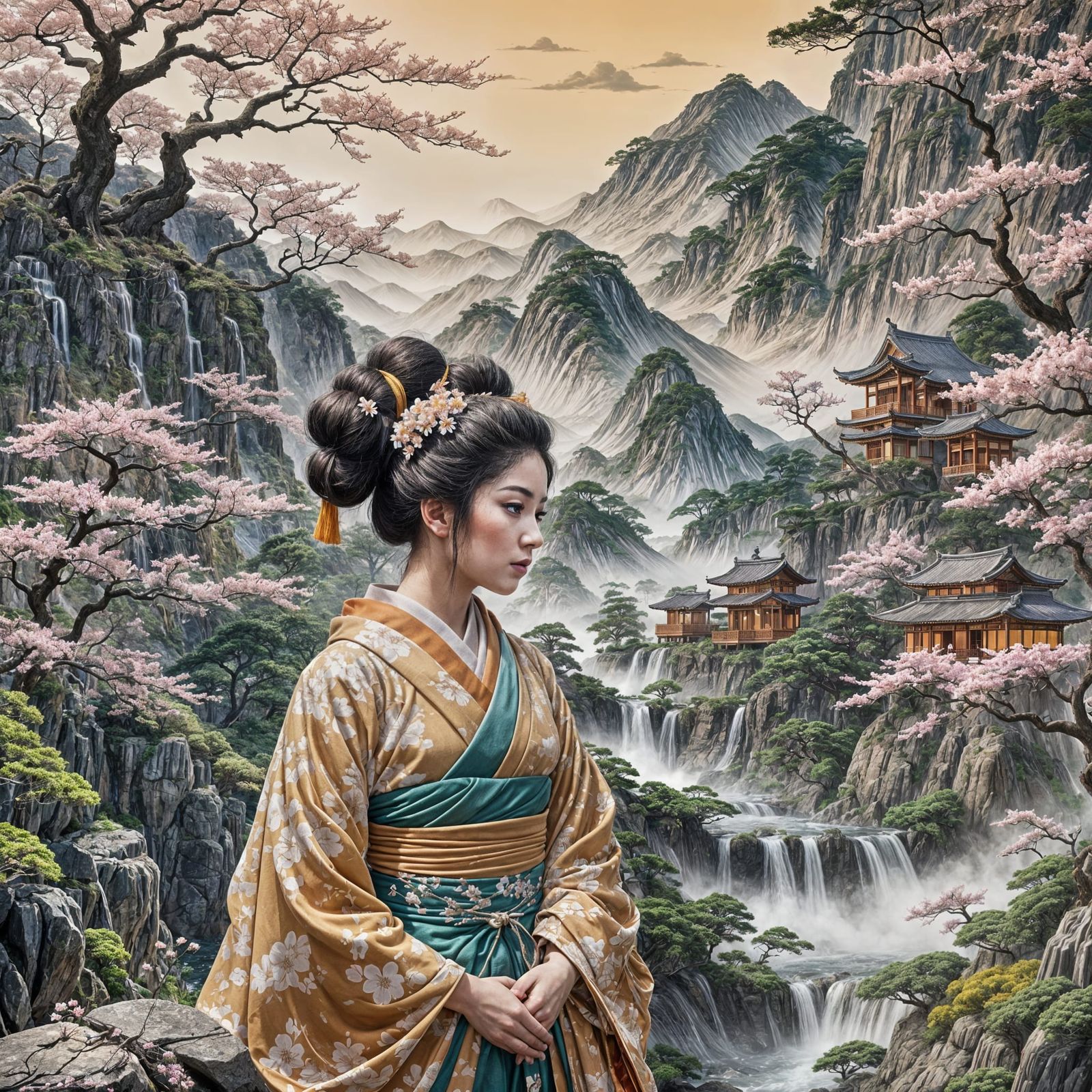 Hyper-Realistic Geisha Contained in Zen Landscape