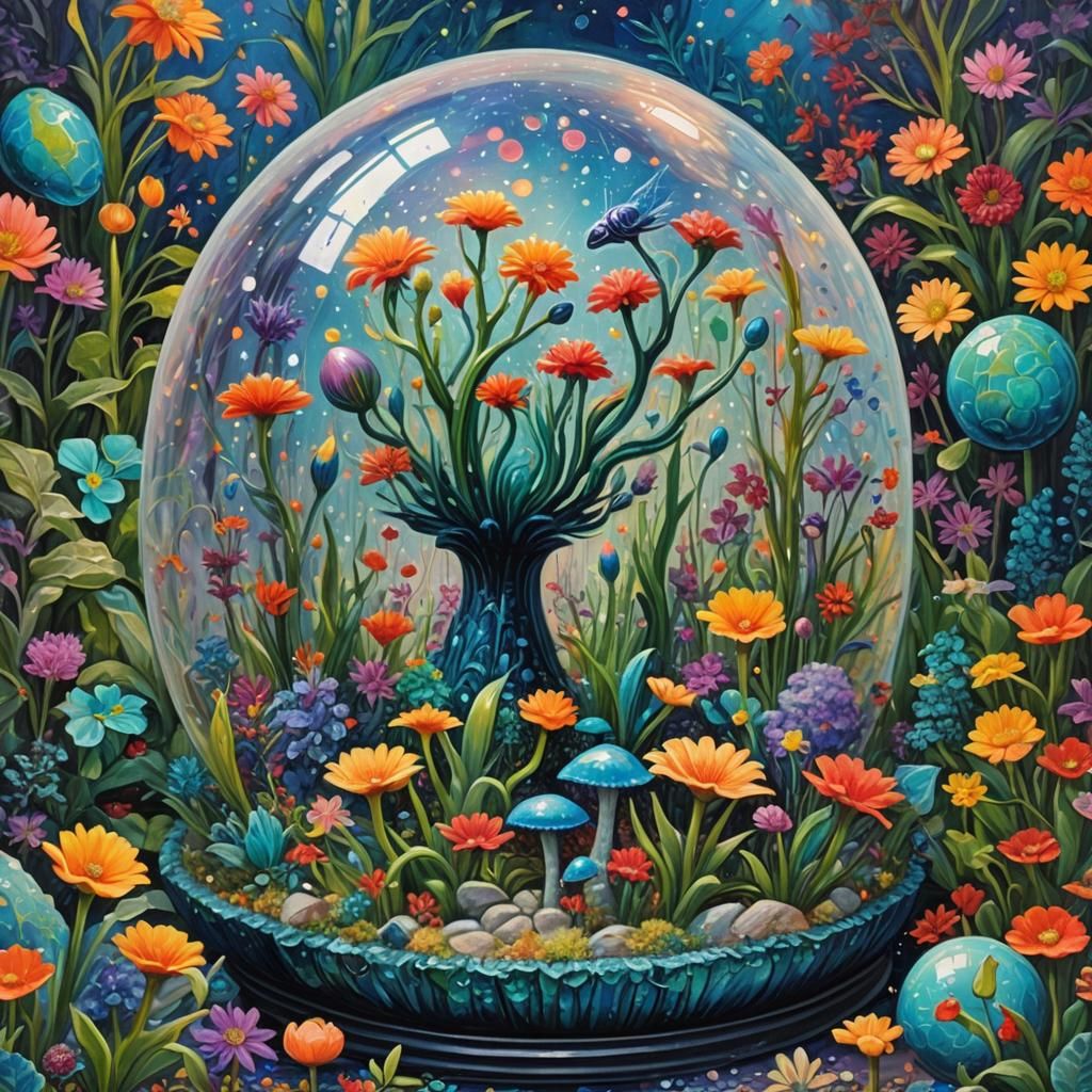 Alien Garden Snow Globe in Expressionist Style