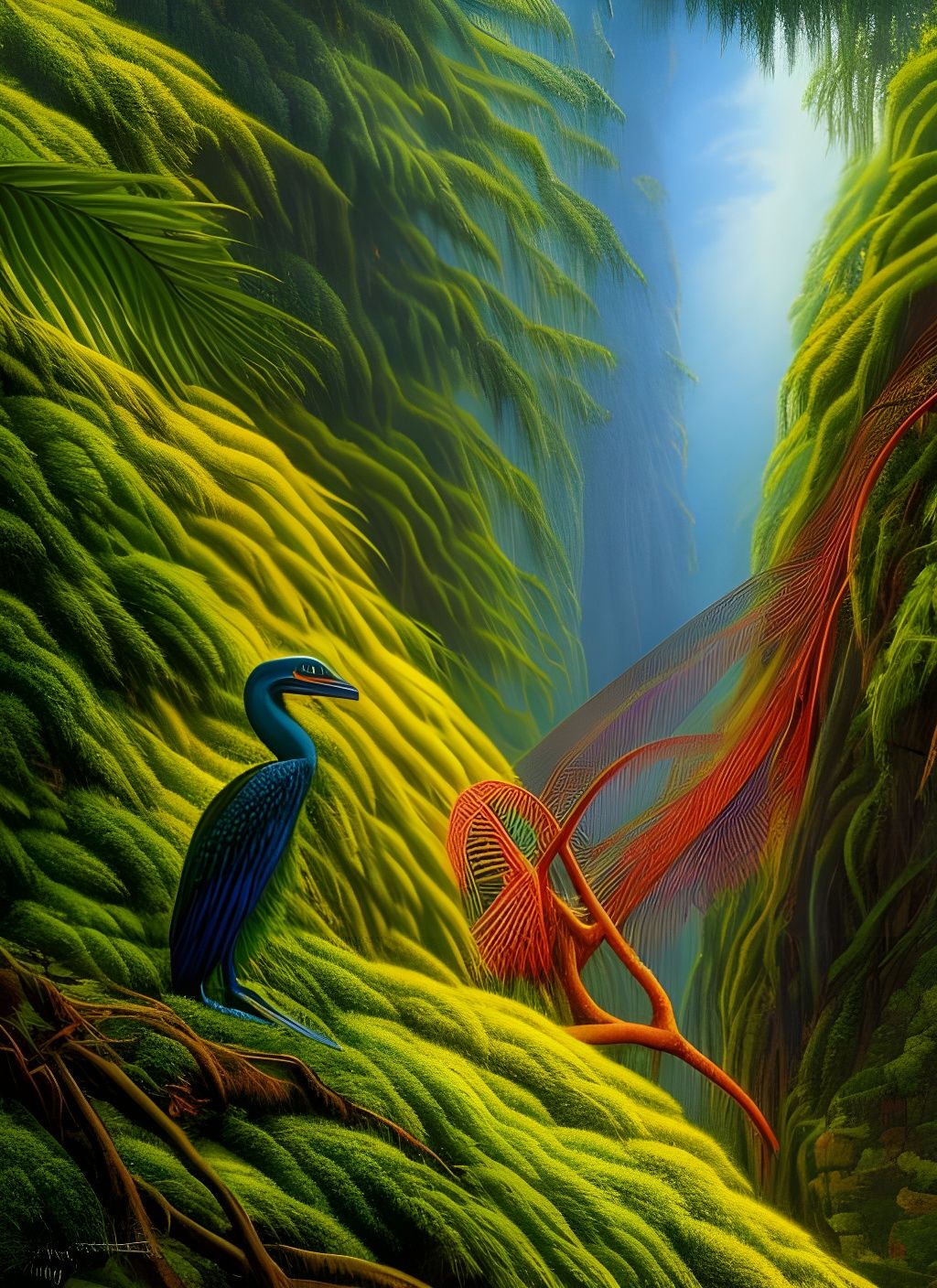Vibrant Archaeopteryx in Rainforest, Colored Pencil Drawing