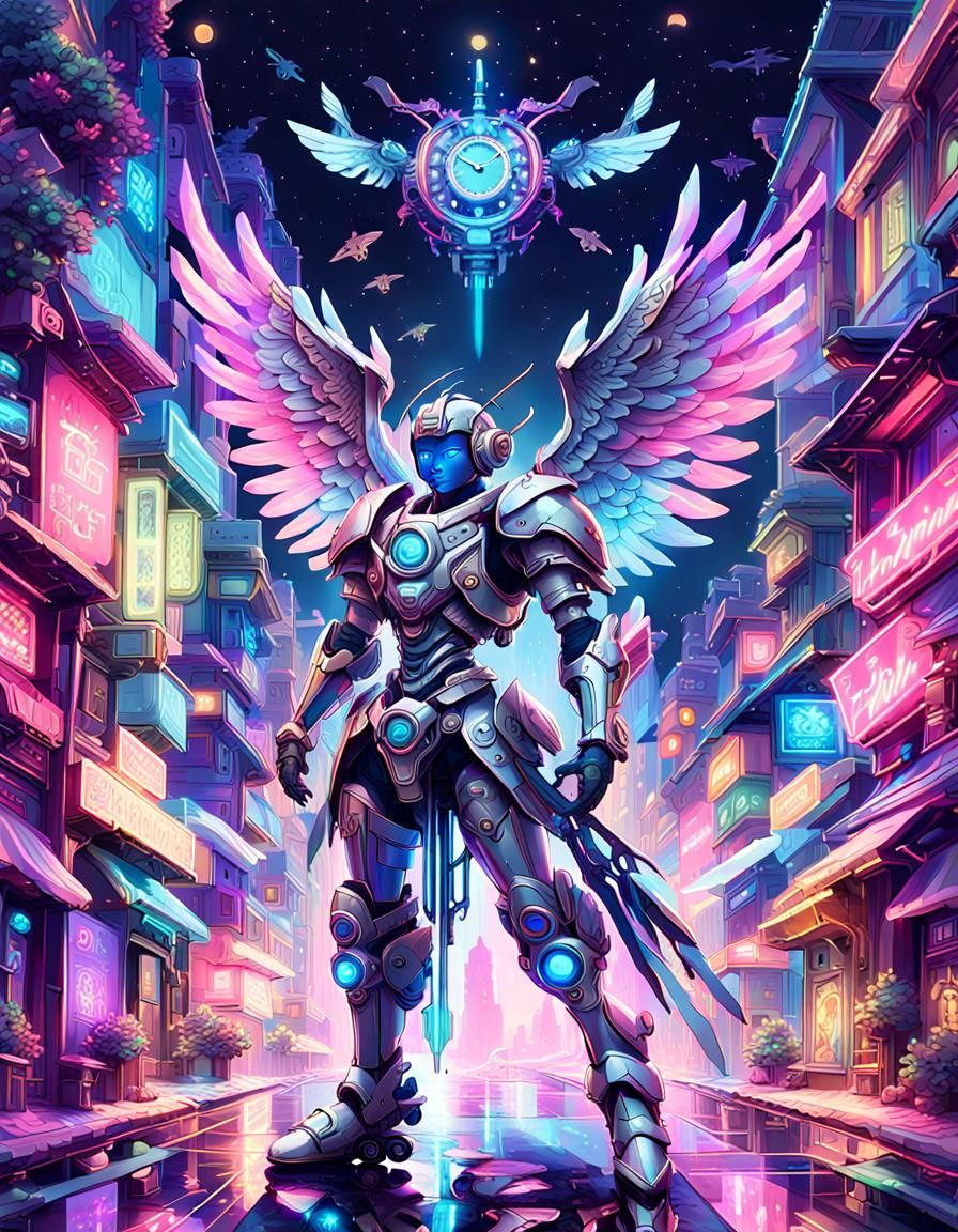 Transcendent Cyborg Angel in Neonlit Clockpunk Village