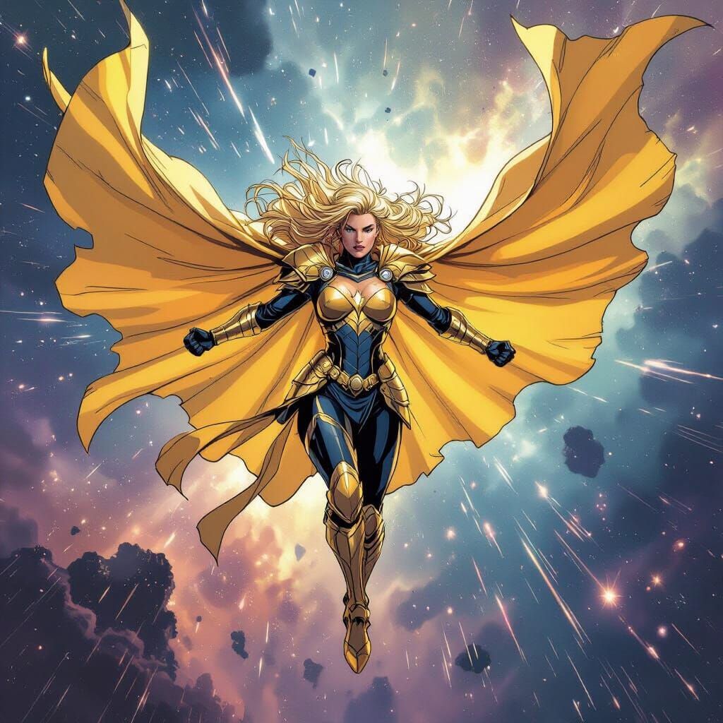 Valkyrie Soars Through Cosmic Storm in Comic Book Style