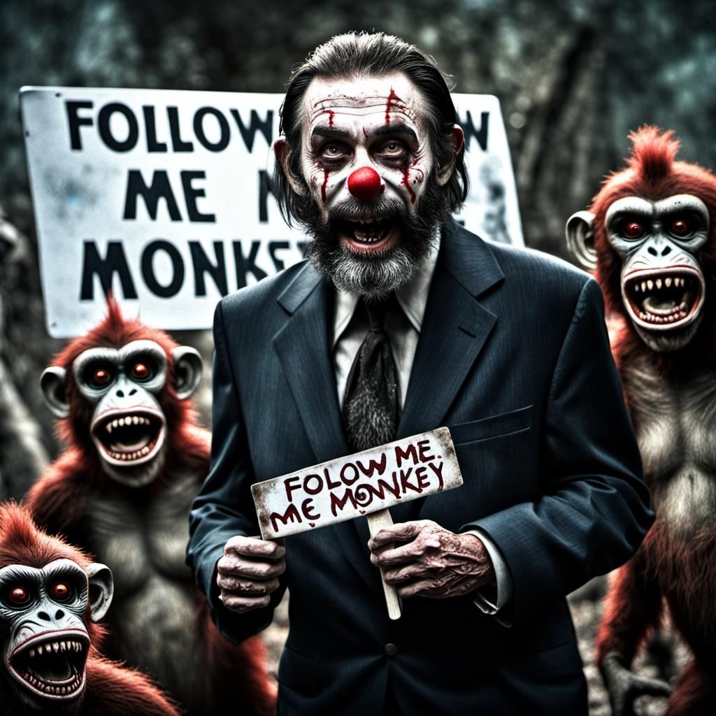 Zombie Monkey Monster Clown Charles Manson Holding a sign th...
