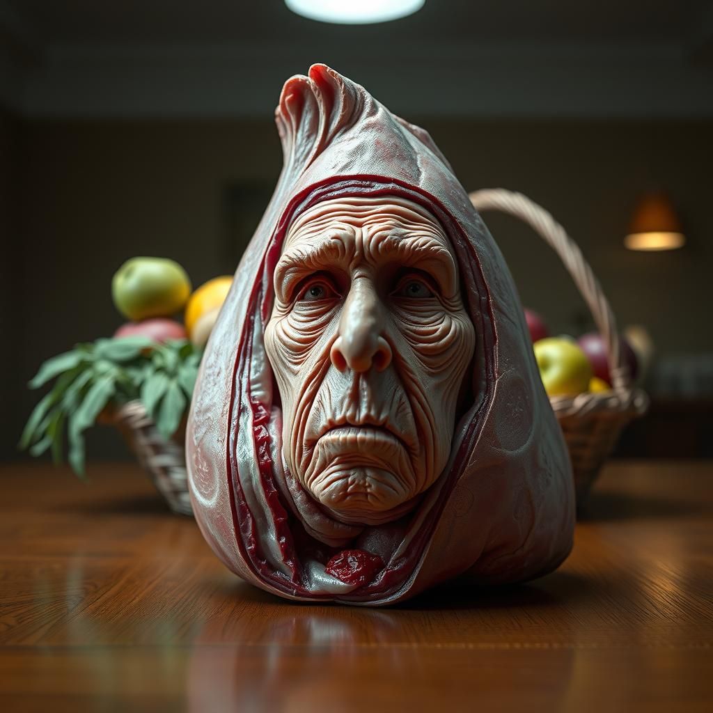 Prune Hag. An old woman's face carved from a prune.