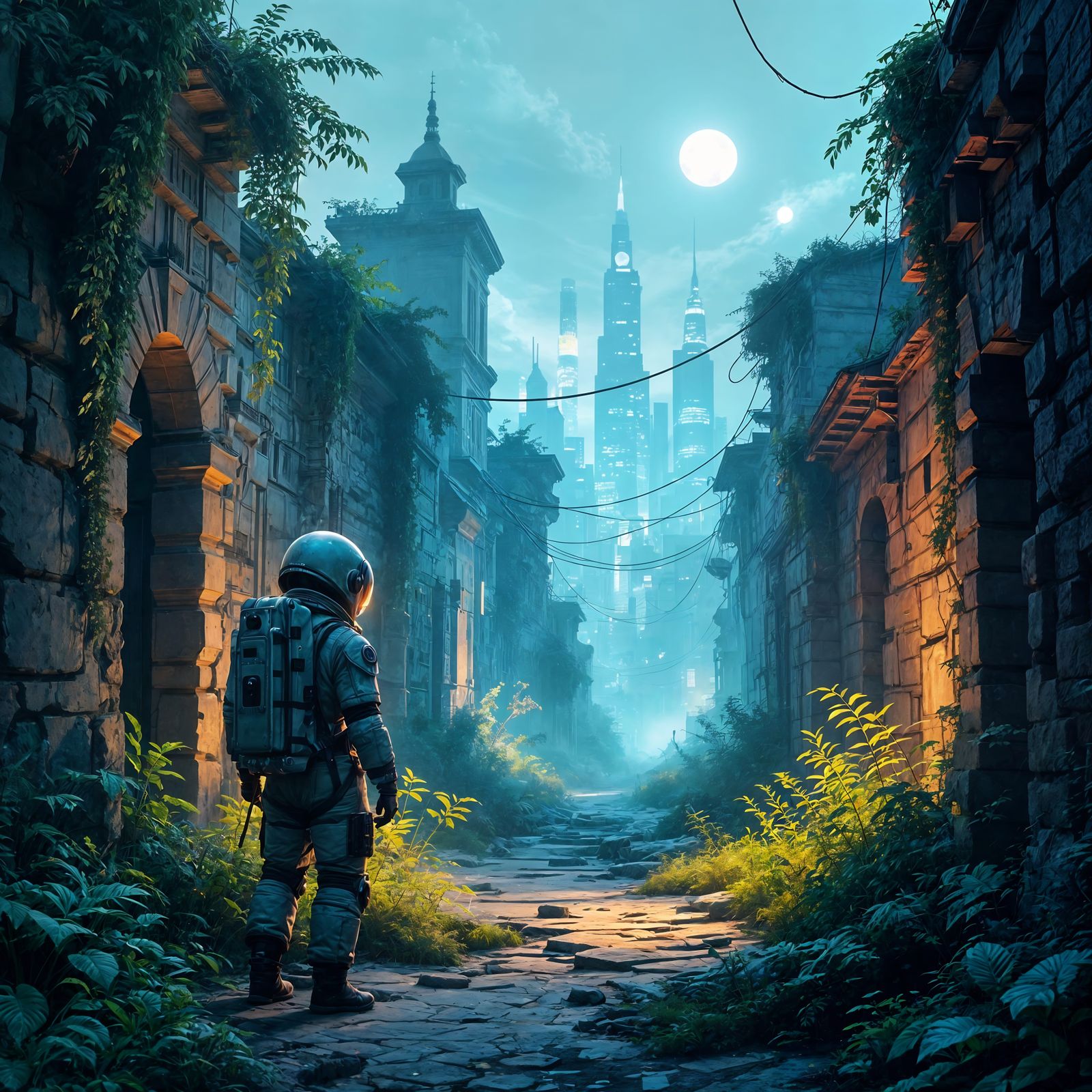 Cosmonaut Explores Overgrown Alleyway with Alien Flora