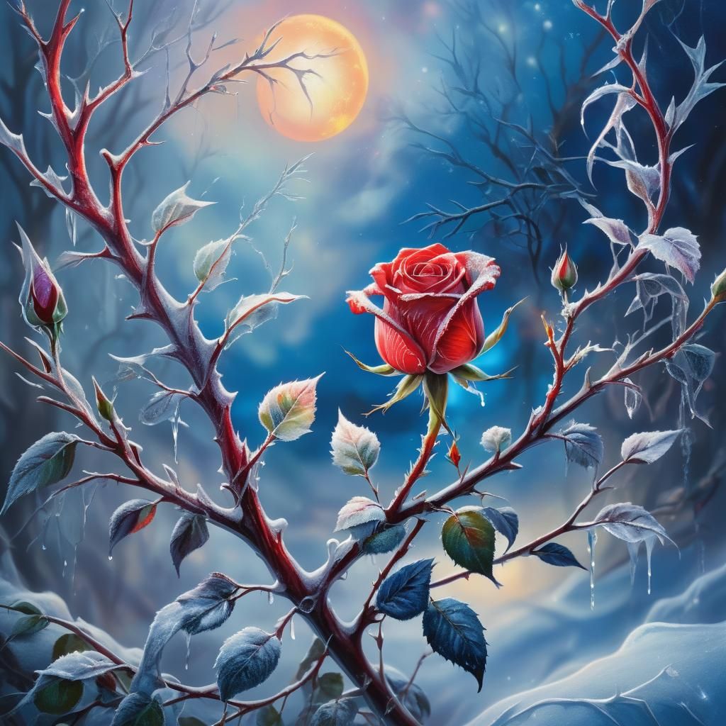 Frozen Red Rose in Mystical Winter Wonderland