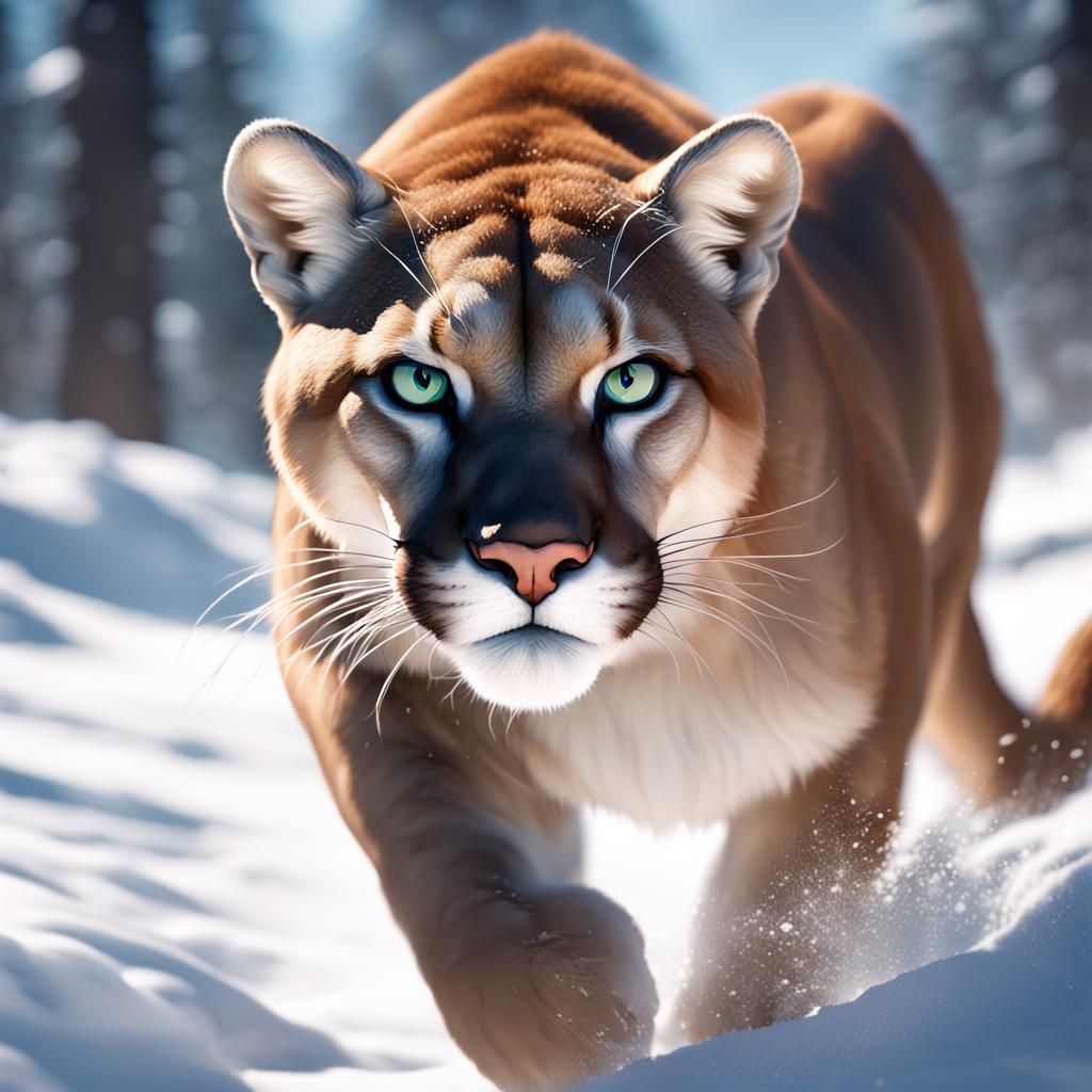 Hyperdetailed Mountain Lion Portrait in Snow