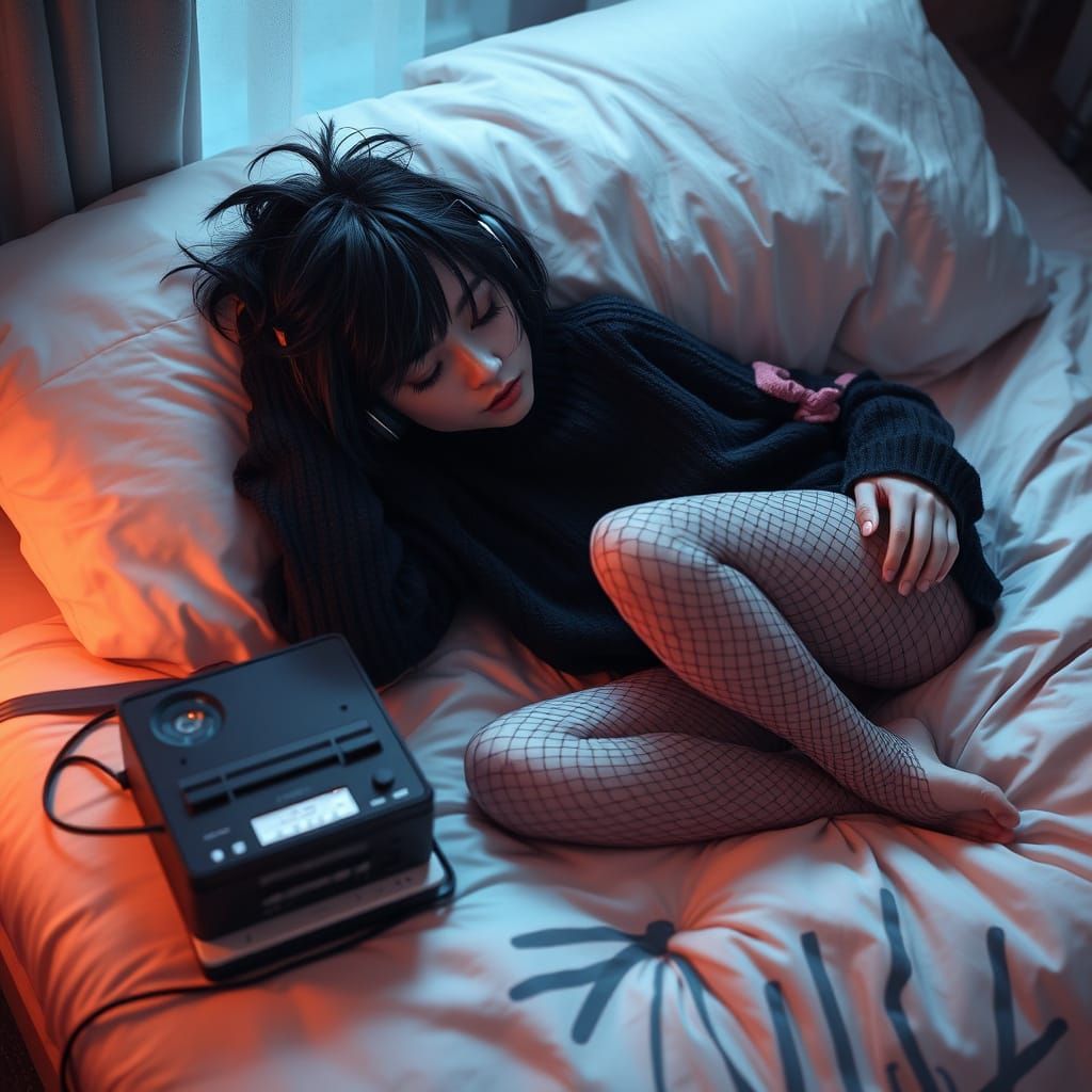 Moody Emo Girl Lost in Music on a Plush Bed