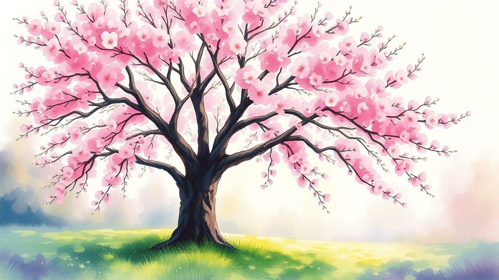 Cherry Blossom Tree in Serene Garden Landscape