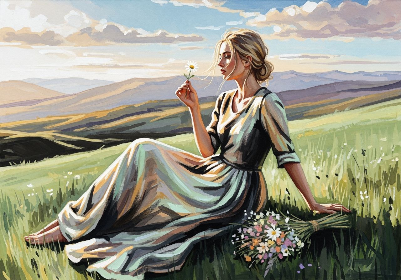 Girl with Daisy in Impressionist Landscape