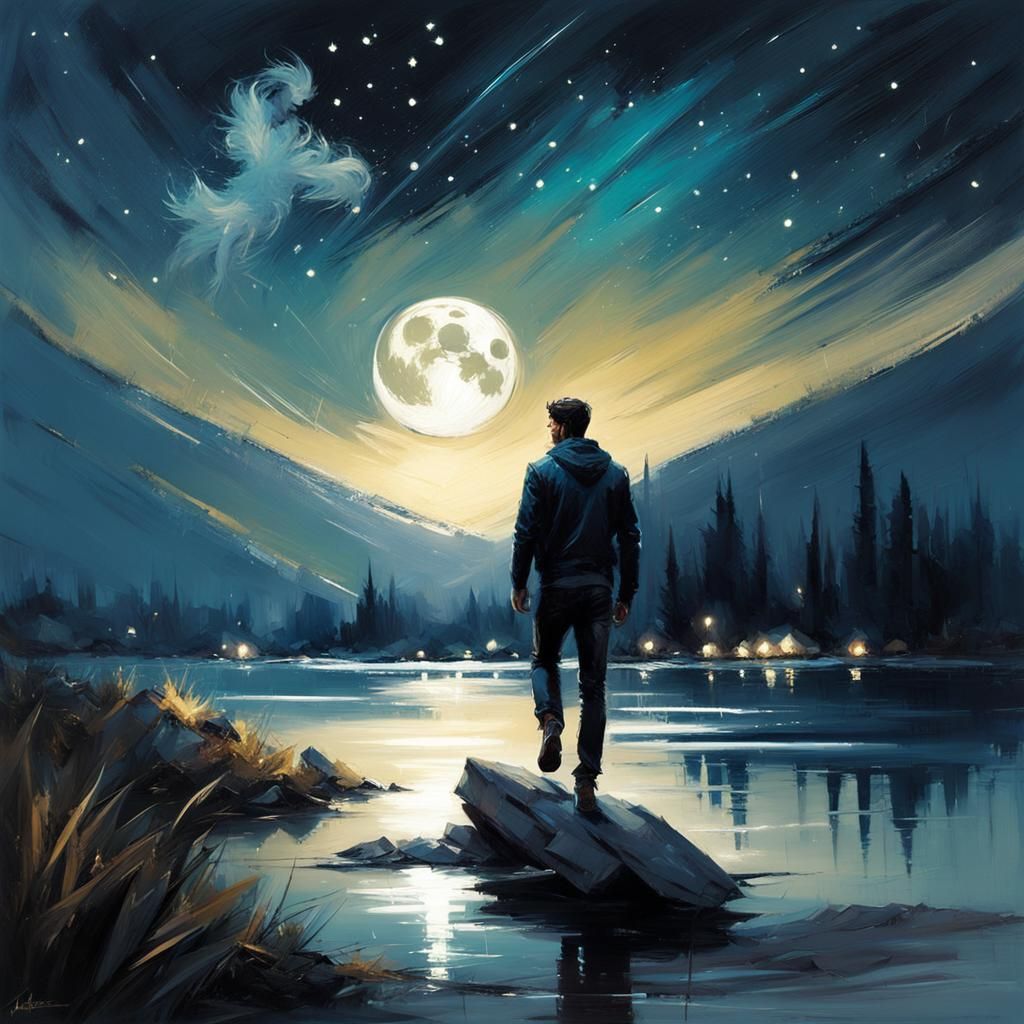 Man Walks by Lake Under Starry Moonlit Sky