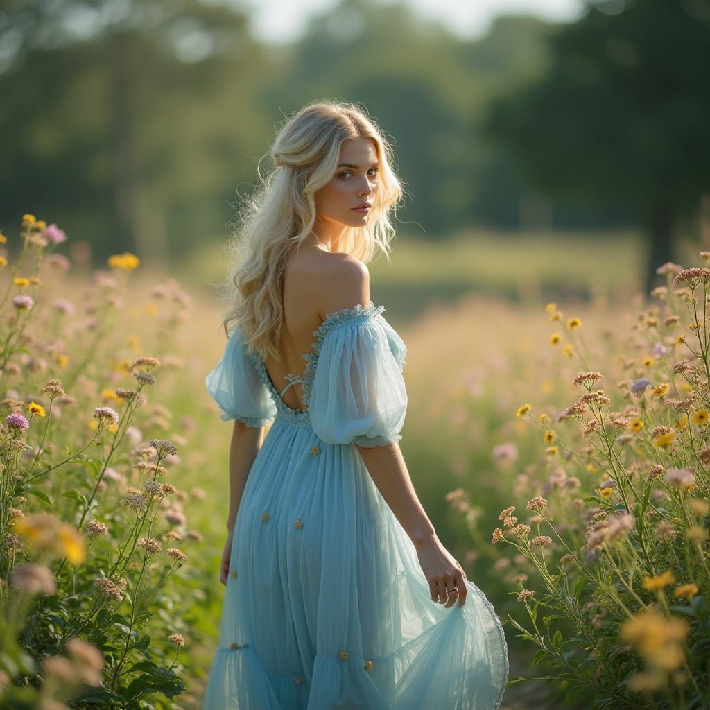 Woman in Floral Dress Walking Through Flower Garden