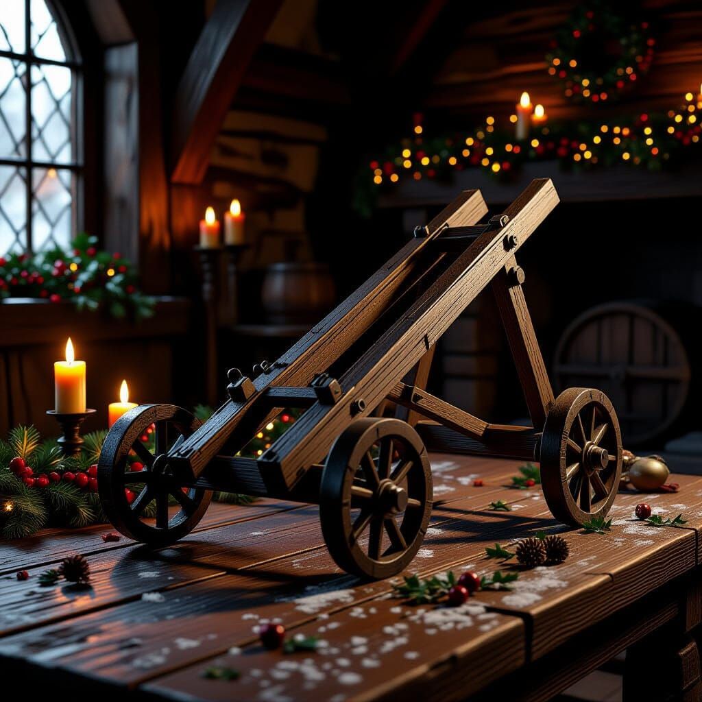 Destroyed Catapult Model on Medieval Tavern Table with Chris...