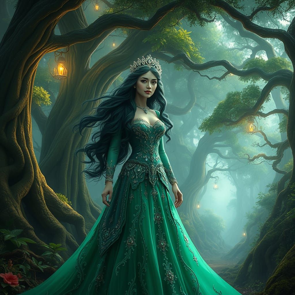 Fantasy Princess in Emerald Gown Walks through Vibrant Mysti...