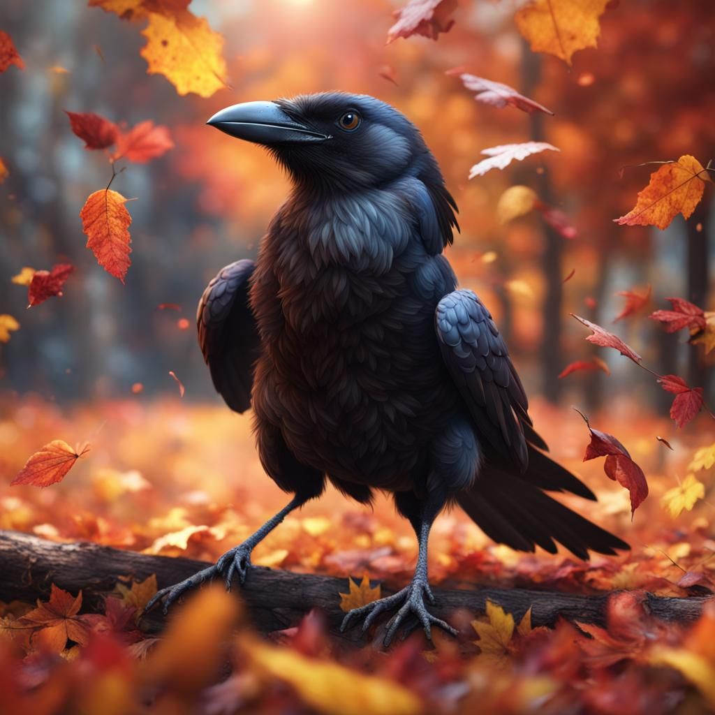 Autumn Crow Playing in Colorful Leaves