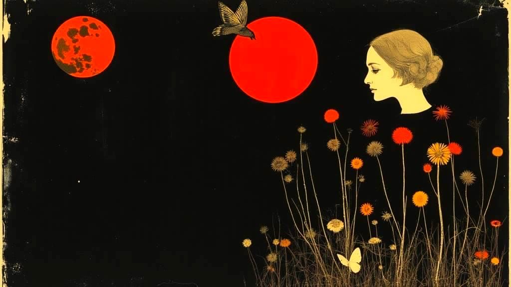 Surreal Landscape with Wildflowers and Butterflies under Mid...