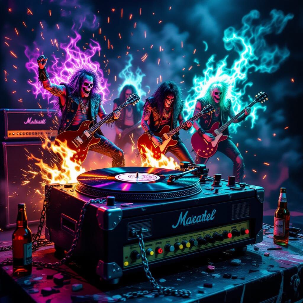 Spectral Rock Gods Erupt from Fiery Vinyl Record