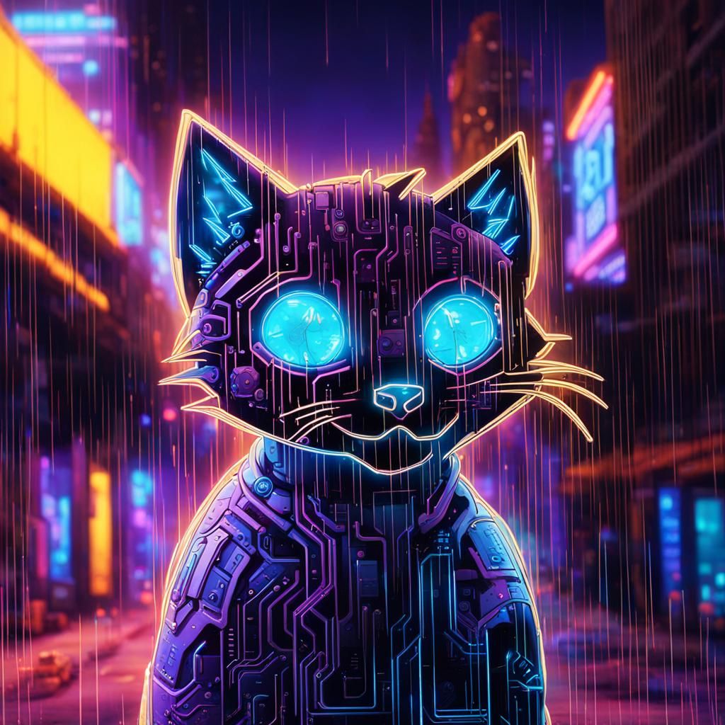 Cyberpunk Cat in Neon Cityscape