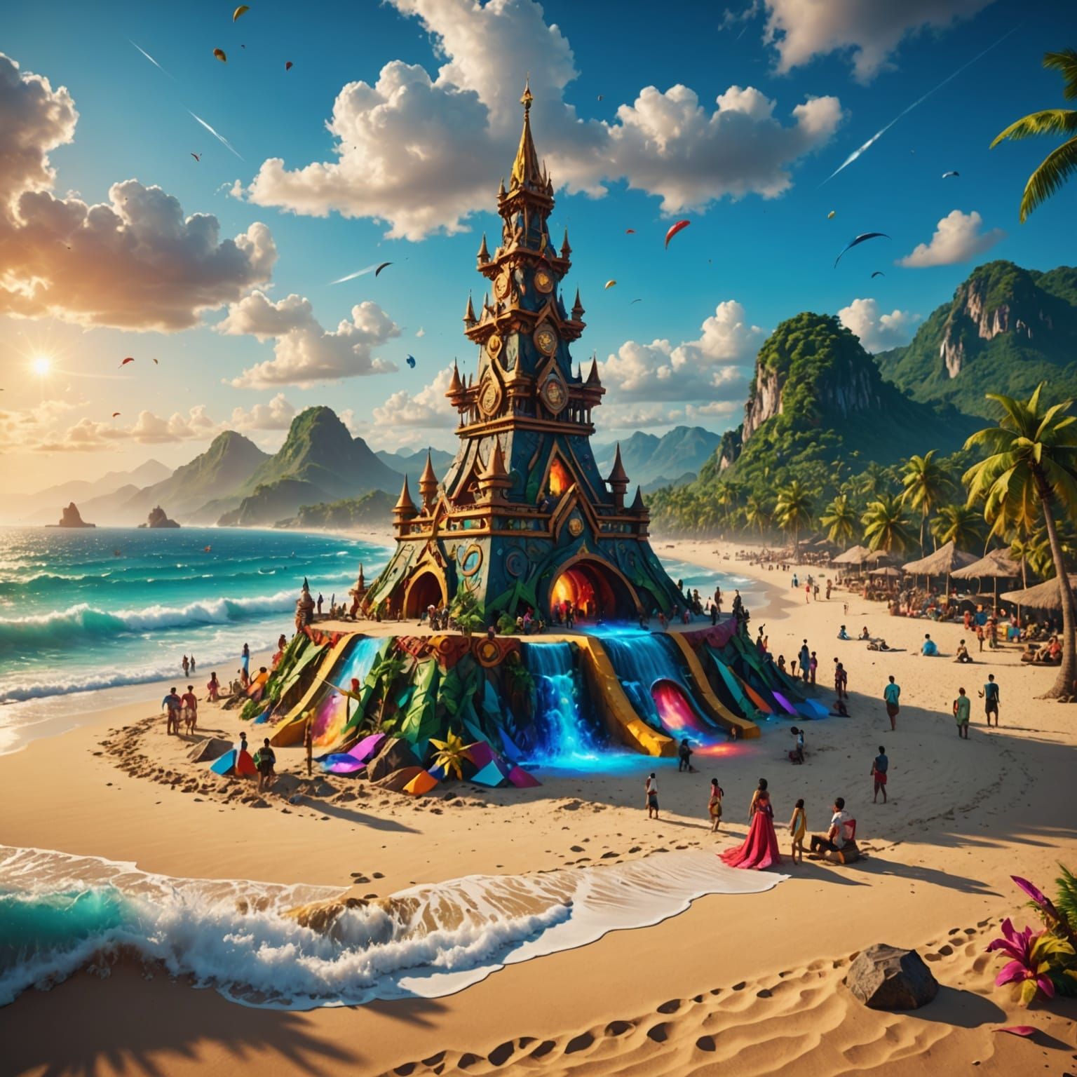 Electronic Oasis: Vibrant Beach Rave with Towering Speaker