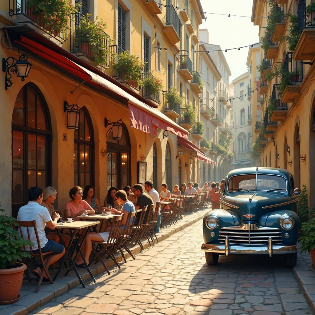 European Cafe Scene in Impressionist Style