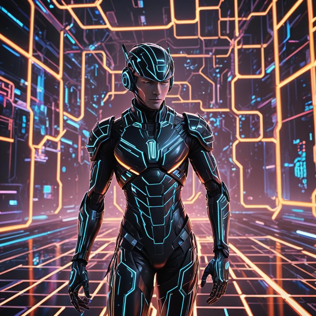 Futuristic Humanoid in Neon Digital World