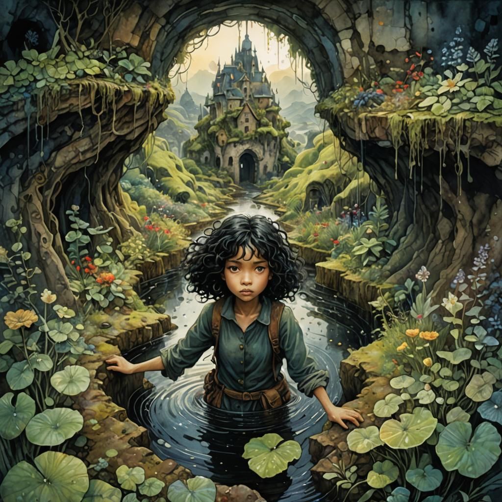 Girl's Discovery: Wet Watercolor Village Scene